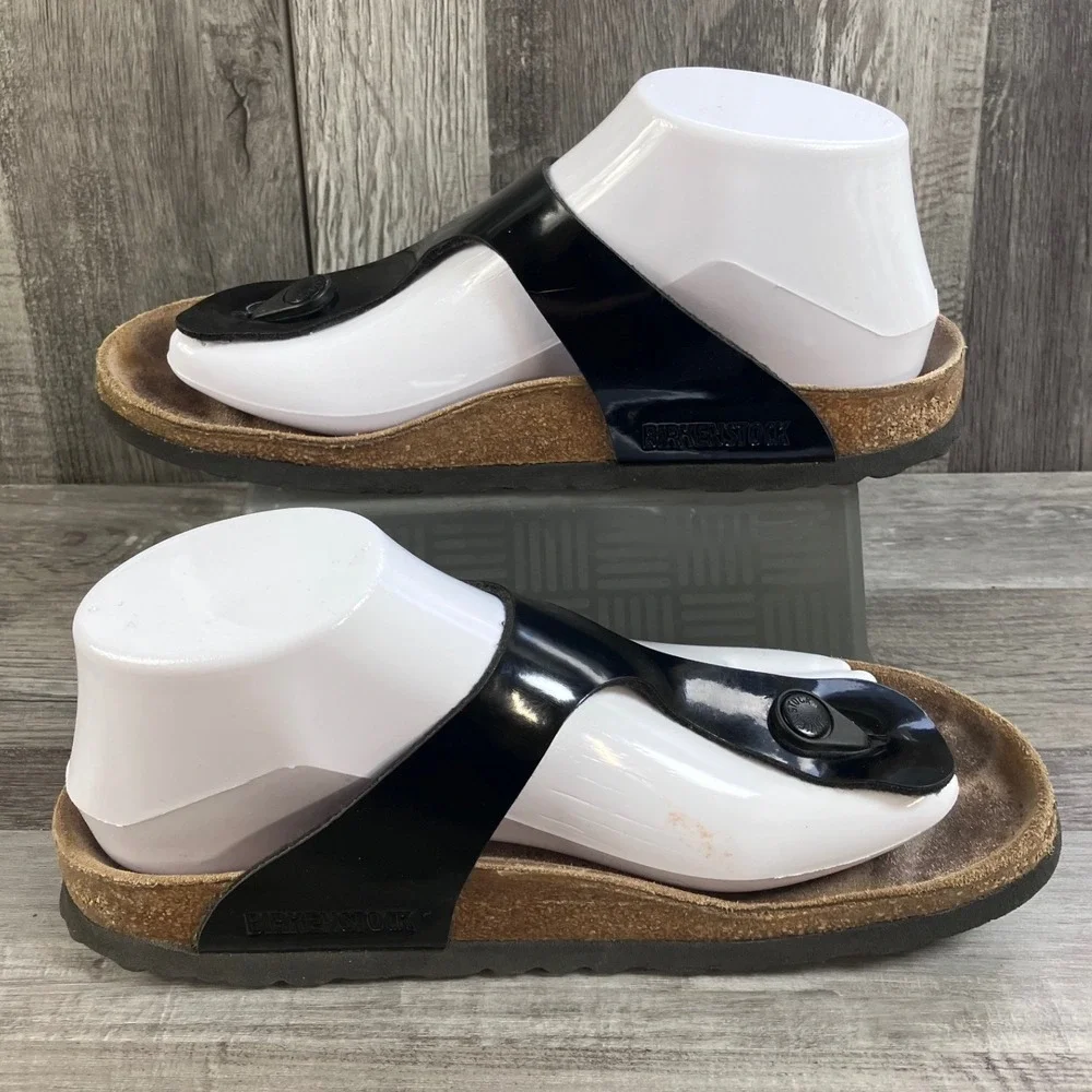 Birkenstock Gizeh Black Patent Sandals EU 38 US Women 7 Thong T-Strap Cork